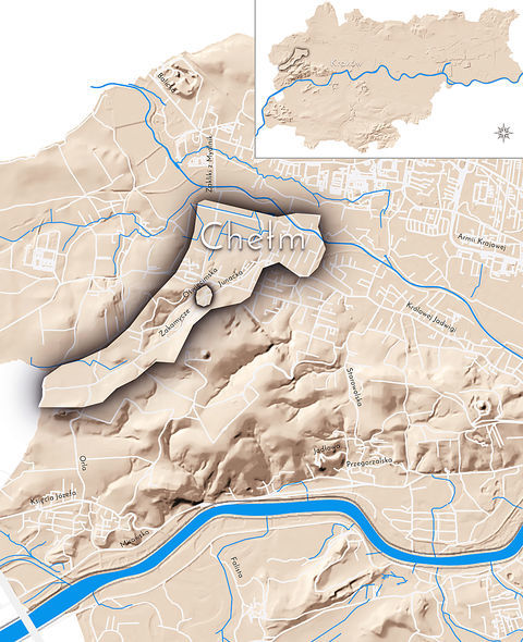 Mapa 45. Chełm. Orientacyjna lokalizacja dawnej wsi Chełm w obecnych granicach Krakowa – na planie miasta oznaczono jej położenie w kształcie wyznaczonym granicami jednostki katastralnej, jaką stanowiła, ze wskazaniem najstarszego, historycznego centrum Chełmu w rejonie dzisiejszych ulic Zakamycze i Oświęcimskiej.