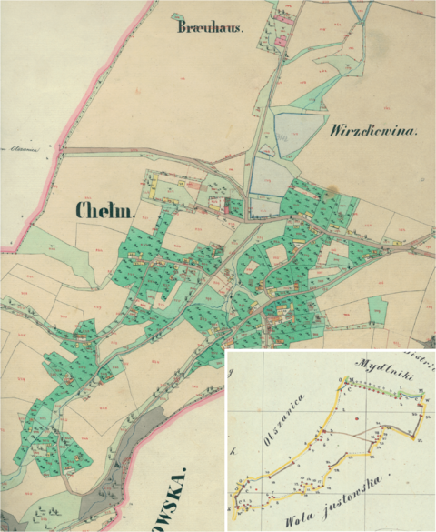 Mapa 46. Chełm. Centrum Chełmu na mapie katastralnej sporządzonej dla gminy katastralnej Chełm w 1850 roku oraz pochodzący z lat 1847–1848 plan sytuacyjny z wyrysowanymi granicami gminy Chełm i lokalizacją gmin sąsiadujących (Archiwum Narodowe w Krakowie, sygn. K. Krak. 102-III; sygn. WM 562, s. 563).