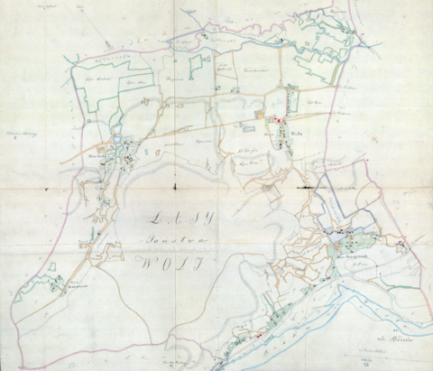 Mapa 47. Chełm. Z Archiwum Wolnego Miasta Krakowa mapa wsi Chełm i Wola Justowska wraz z wsiami i osadami sąsiadującymi, w kopii wykonanej przez Teofila Żebrawskiego prawdopodobnie w drugiej ćwierci XIX wieku (Archiwum Narodowe w Krakowie, sygn. 29/200/125).
