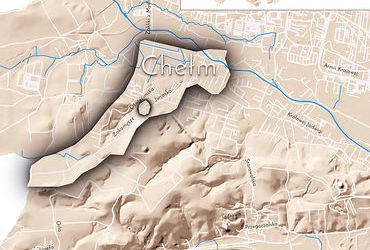 Mapa 45. Chełm. Orientacyjna lokalizacja dawnej wsi Chełm w obecnych granicach Krakowa – na planie miasta oznaczono jej położenie w kształcie wyznaczonym granicami jednostki katastralnej, jaką stanowiła, ze wskazaniem najstarszego, historycznego centrum Chełmu w rejonie dzisiejszych ulic Zakamycze i Oświęcimskiej.