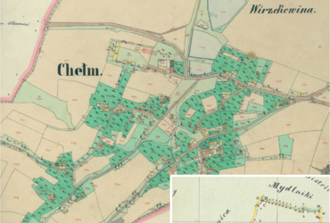 Mapa 46. Chełm. Centrum Chełmu na mapie katastralnej sporządzonej dla gminy katastralnej Chełm w 1850 roku oraz pochodzący z lat 1847–1848 plan sytuacyjny z wyrysowanymi granicami gminy Chełm i lokalizacją gmin sąsiadujących (Archiwum Narodowe w Krakowie, sygn. K. Krak. 102-III; sygn. WM 562, s. 563).