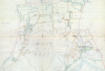 Mapa 47. Chełm. Z Archiwum Wolnego Miasta Krakowa mapa wsi Chełm i Wola Justowska wraz z wsiami i osadami sąsiadującymi, w kopii wykonanej przez Teofila Żebrawskiego prawdopodobnie w drugiej ćwierci XIX wieku (Archiwum Narodowe w Krakowie, sygn. 29/200/125).