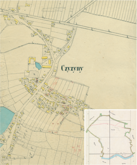 Mapa 49. Czyżyny. Centrum Czyżyn na mapie katastralnej sporządzonej dla gminy katastralnej Czyżyny w 1850 roku oraz pochodzący z lat 1847–1848 plan sytuacyjny z wyrysowanymi granicami gminy Czyżyny z Łęgiem i lokalizacją gmin sąsiadujących (Archiwum Narodowe w Krakowie, sygn. K. Krak. 128-III; WM 562, s. 915).