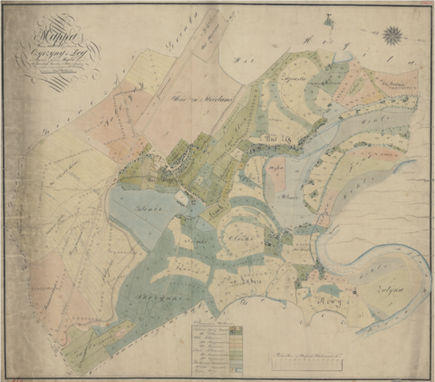 Mapa 50. Czyżyny. Z Archiwum Wolnego Miasta Krakowa mapa wsi Czyżyny i Łęg wyrysowana w 1823 roku przez Wincentego Jarockiego, geometrę rządowego Królestwa Polskiego i Rzeczypospolitej Krakowskiej, według kopii sporządzonej w 1827 roku przez geometrę Karola Bełcikowskiego; mapa powstała na zamówienie Komisji Włościańskiej Wolnego Miasta Krakowa w ramach prac przygotowujących uwłaszczenie chłopów – oraz powiększenia fragmentów legendy (Archiwum Narodowe w Krakowie, sygn. 29/200/14).