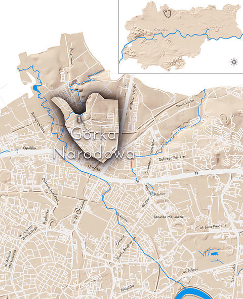 Mapa 51. Górka Narodowa. Orientacyjna lokalizacja dawnej wsi Górka Narodowa w obecnych granicach Krakowa – na planie miasta oznaczono jej położenie w kształcie wyznaczonym granicami jednostki katastralnej, jaką stanowiła, ze wskazaniem najstarszego, historycznego centrum Górki (później określonej jako „Narodowa”) w rejonie południowej części dzisiejszej ulicy Dożynkowej.