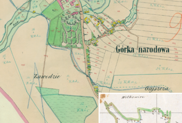 Mapa 52. Górka Narodowa. Centrum Górki Narodowej na mapie katastralnej sporządzonej dla gminy katastralnej Górka Narodowa w 1850 roku oraz pochodzący z 1847 roku plan sytuacyjny z wyrysowanymi granicami gminy Górka Narodowa i lokalizacją gmin sąsiadujących (Archiwum Narodowe w Krakowie, sygn. K. Krak. 176 II; sygn. WM 562, s. 1177).