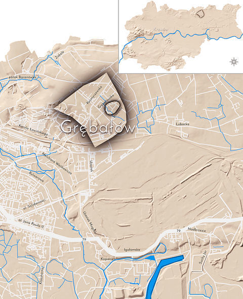 Mapa 53. Grębałów. Orientacyjna lokalizacja dawnej wsi Grębałów w obecnych granicach Krakowa – na planie miasta oznaczono jej położenie w kształcie wyznaczonym granicami jednostki katastralnej, jaką stanowiła, ze wskazaniem najstarszego, historycznego centrum Grębałowa w rejonie dzisiejszych ulic Grębałowskiej i Stokowej.
