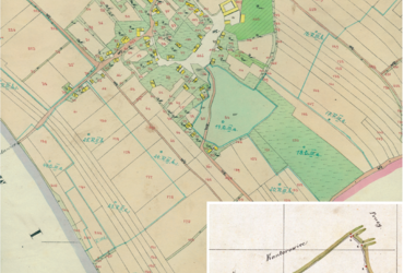 Mapa 54. Grębałów. Centrum Grębałowa na mapie katastralnej sporządzonej dla gminy katastralnej Grębałów w 1850 roku oraz pochodzący z lat 1847–1848 plan sytuacyjny z wyrysowanymi granicami gminy Grębałów i lokalizacją gmin sąsiadujących (Archiwum Narodowe w Krakowie, sygn. K. Krak. 190 II; sygn. WM 562, s. 1219).