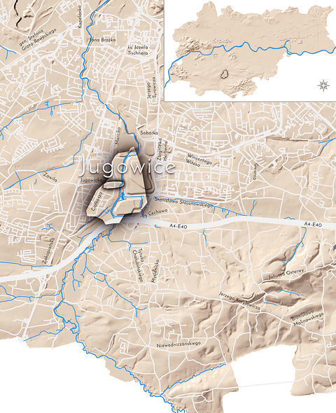 Mapa 55. Jugowice. Orientacyjna lokalizacja dawnej wsi Jugowice w obecnych granicach Krakowa – na planie miasta oznaczono jej położenie w kształcie wyznaczonym granicami jednostki katastralnej, jaką stanowiła, ze wskazaniem najstarszego, historycznego centrum Jugowic w rejonie dzisiejszej ulicy Jugowickiej.