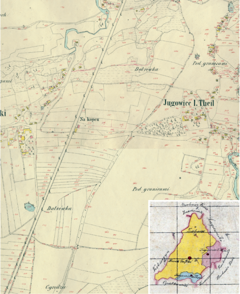 Mapa 56. Jugowice. Fragment Jugowic na mapie katastralnej sporządzonej dla gminy katastralnej Jugowice w 1848 roku oraz pochodzący z 1845 roku plan sytuacyjny z wyrysowanymi granicami gminy Jugowice I i II oraz lokalizacją gmin sąsiadujących (Archiwum Narodowe w Krakowie, sygn. K. Krak. 56 III, VI; sygn. 29/280/938, k. 1). 