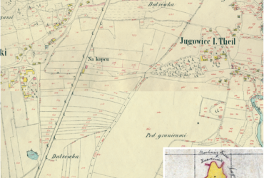 Mapa 56. Jugowice. Fragment Jugowic na mapie katastralnej sporządzonej dla gminy katastralnej Jugowice w 1848 roku oraz pochodzący z 1845 roku plan sytuacyjny z wyrysowanymi granicami gminy Jugowice I i II oraz lokalizacją gmin sąsiadujących (Archiwum Narodowe w Krakowie, sygn. K. Krak. 56 III, VI; sygn. 29/280/938, k. 1). 