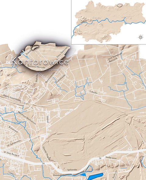 Mapa 57. Kantorowice. Orientacyjna lokalizacja dawnej wsi Kantorowice w obecnych granicach Krakowa – na planie miasta oznaczono jej położenie w kształcie wyznaczonym granicami jednostki katastralnej, jaką stanowiła, ze wskazaniem najstarszego, historycznego centrum Kantorowic w rejonie dzisiejszej ulicy Zakole.
