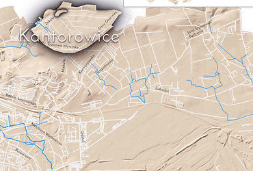 Mapa 57. Kantorowice. Orientacyjna lokalizacja dawnej wsi Kantorowice w obecnych granicach Krakowa – na planie miasta oznaczono jej położenie w kształcie wyznaczonym granicami jednostki katastralnej, jaką stanowiła, ze wskazaniem najstarszego, historycznego centrum Kantorowic w rejonie dzisiejszej ulicy Zakole.