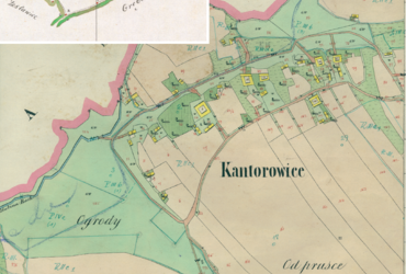 Mapa 58. Kantorowice. Centrum Kantorowic na mapie katastralnej sporządzonej dla gminy katastralnej Kantorowice w 1850 roku oraz pochodzący z lat 1847–1848 plan sytuacyjny z wyrysowanymi granicami gminy Kantorowice i lokalizacją gmin sąsiadujących (Archiwum Narodowe w Krakowie, sygn. K. Krak. 214 I; sygn. WM 562, s. 1455).