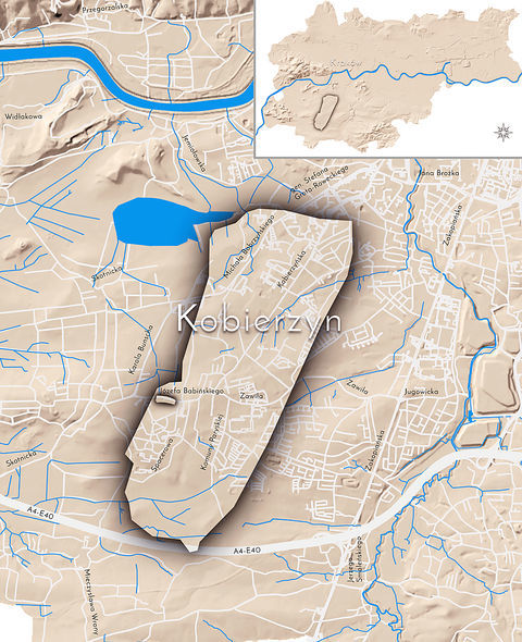 Mapa 59. Kobierzyn. Orientacyjna lokalizacja dawnej wsi Kobierzyn w obecnych granicach Krakowa – na planie miasta oznaczono jej położenie w kształcie wyznaczonym granicami jednostki katastralnej, jaką stanowiła, ze wskazaniem najstarszego, historycznego centrum Kobierzyna w rejonie dzisiejszej ulicy Babińskiego.