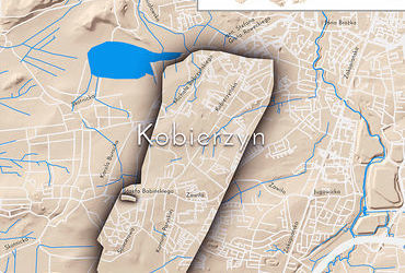 Mapa 59. Kobierzyn. Orientacyjna lokalizacja dawnej wsi Kobierzyn w obecnych granicach Krakowa – na planie miasta oznaczono jej położenie w kształcie wyznaczonym granicami jednostki katastralnej, jaką stanowiła, ze wskazaniem najstarszego, historycznego centrum Kobierzyna w rejonie dzisiejszej ulicy Babińskiego.