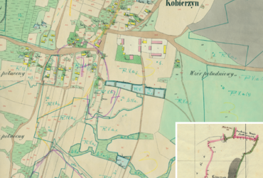 Mapa 60. Kobierzyn. Centrum Kobierzyna na mapie katastralnej sporządzonej dla gminy katastralnej Kobierzyn w 1848 roku oraz pochodzący z 1843 roku plan sytuacyjny z wyrysowanymi granicami gminy Kobierzyn oraz lokalizacją gmin sąsiadujących (Archiwum Narodowe w Krakowie, sygn. K. Krak. 229 IV, V; sygn. K. Krak. op. 60, pl. 1).