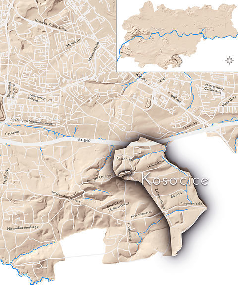 Mapa 61. Kosocice. Orientacyjna lokalizacja dawnej wsi Kosocice w obecnych granicach Krakowa – na planie miasta oznaczono jej położenie w kształcie wyznaczonym granicami jednostki katastralnej, jaką stanowiła, ze wskazaniem najstarszego, historycznego centrum Kosocic w rejonie dzisiejszej ulicy Osterwy.