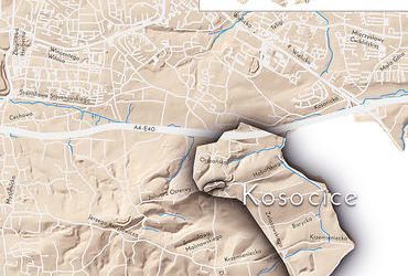 Mapa 61. Kosocice. Orientacyjna lokalizacja dawnej wsi Kosocice w obecnych granicach Krakowa – na planie miasta oznaczono jej położenie w kształcie wyznaczonym granicami jednostki katastralnej, jaką stanowiła, ze wskazaniem najstarszego, historycznego centrum Kosocic w rejonie dzisiejszej ulicy Osterwy.