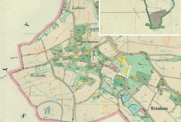 Mapa 62. Kosocice. Centrum Kosocic na mapie katastralnej sporządzonej dla gminy katastralnej Kosocice w 1848 roku oraz pochodzący z 1845 roku plan sytuacyjny z wyrysowanymi granicami gminy Kosocice oraz lokalizacją gmin sąsiadujących (Archiwum Narodowe w Krakowie, sygn. K. Krak. 257 III, IV; sygn. K. Krak. op. 67, s. 1).