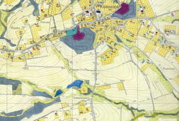 Mapa 63. Kosocice. Z dokumentacji Biura Rozwoju Krakowa dotyczący wsi Kosocice fragment sporządzonej w 1968 roku Inwentaryzacji bezpośredniej użytkowania terenu i budynków dla gromady Rajsko (Archiwum Narodowe w Krakowie, sygn. 29/1405/2330). 