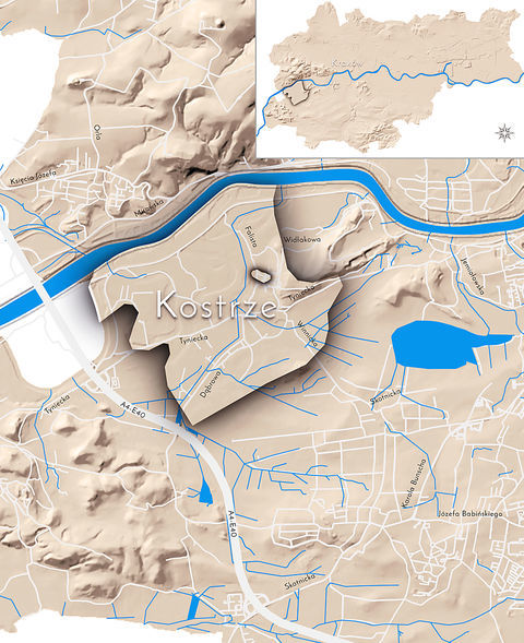 Mapa 64. Kostrze. Orientacyjna lokalizacja dawnej wsi Kostrze w obecnych granicach Krakowa – na planie miasta oznaczono jej położenie w kształcie wyznaczonym granicami jednostki katastralnej, jaką stanowiła, ze wskazaniem najstarszego, historycznego centrum Kostrza w rejonie dzisiejszej ulicy Falistej.