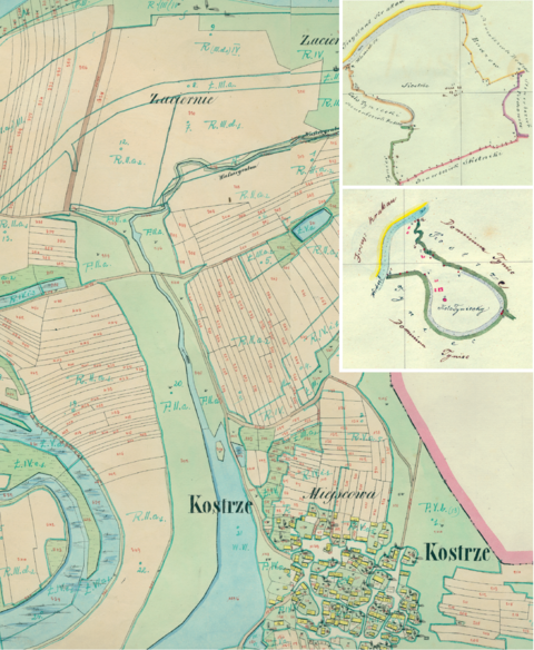 Mapa 65. Kostrze. Centrum Kostrza na mapie katastralnej sporządzonej dla gminy katastralnej Kostrze w 1849 roku oraz pochodzące z 1843 roku plany sytuacyjne z wyrysowanymi granicami gminy Kostrze i przynależnej do niej, choć okresowo samodzielnej, wsi Koło Tynieckie – wraz z lokalizacją gmin sąsiadujących (Archiwum Narodowe w Krakowie, sygn. K. Krak. 260 I, II; sygn. K. Krak. op. 68, pl. 1–2).