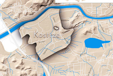Mapa 64. Kostrze. Orientacyjna lokalizacja dawnej wsi Kostrze w obecnych granicach Krakowa – na planie miasta oznaczono jej położenie w kształcie wyznaczonym granicami jednostki katastralnej, jaką stanowiła, ze wskazaniem najstarszego, historycznego centrum Kostrza w rejonie dzisiejszej ulicy Falistej.