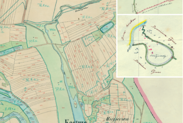 Mapa 65. Kostrze. Centrum Kostrza na mapie katastralnej sporządzonej dla gminy katastralnej Kostrze w 1849 roku oraz pochodzące z 1843 roku plany sytuacyjne z wyrysowanymi granicami gminy Kostrze i przynależnej do niej, choć okresowo samodzielnej, wsi Koło Tynieckie – wraz z lokalizacją gmin sąsiadujących (Archiwum Narodowe w Krakowie, sygn. K. Krak. 260 I, II; sygn. K. Krak. op. 68, pl. 1–2).