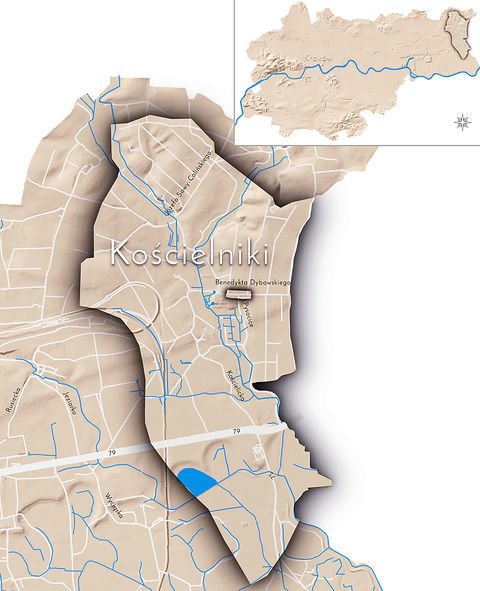 Mapa 66. Kościelniki. Orientacyjna lokalizacja dawnej wsi Kościelniki w obecnych granicach Krakowa – na planie miasta oznaczono jej położenie w kształcie wyznaczonym granicami jednostki katastralnej, jaką stanowiła, ze wskazaniem najstarszego, historycznego centrum Kościelnik w rejonie dzisiejszych ulic Pysocice i Dybowskiego.