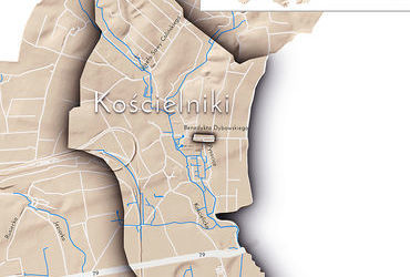 Mapa 66. Kościelniki. Orientacyjna lokalizacja dawnej wsi Kościelniki w obecnych granicach Krakowa – na planie miasta oznaczono jej położenie w kształcie wyznaczonym granicami jednostki katastralnej, jaką stanowiła, ze wskazaniem najstarszego, historycznego centrum Kościelnik w rejonie dzisiejszych ulic Pysocice i Dybowskiego.