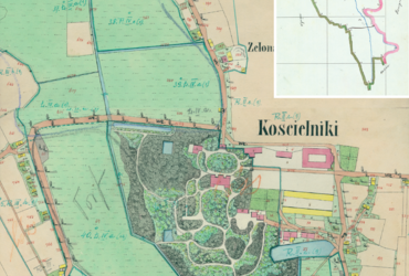 Mapa 67. Kościelniki. Centrum Kościelnik na mapie katastralnej sporządzonej dla gminy katastralnej Kościelniki w 1850 roku oraz pochodzący z lat 1847–1848 plan sytuacyjny z wyrysowanymi granicami gminy Kościelniki i lokalizacją gmin sąsiadujących (Archiwum Narodowe w Krakowie, sygn. K. Krak. 254 III, IV; sygn. WM 562, s. 1675).