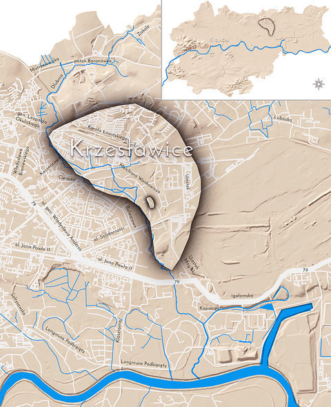 Mapa 68. Krzesławice. Orientacyjna lokalizacja dawnej wsi Krzesławice w obecnych granicach Krakowa – na planie miasta oznaczono jej położenie w kształcie wyznaczonym granicami jednostki katastralnej, jaką stanowiła, ze wskazaniem najstarszego, historycznego centrum Krzesławic w rejonie dzisiejszej ulicy Wańkowicza.
