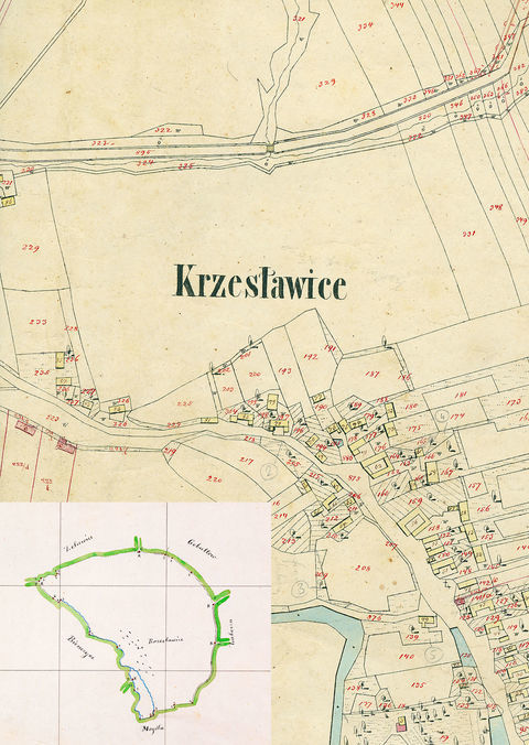 Mapa 69. Krzesławice. Fragment centrum Krzesławic na mapie katastralnej sporządzonej dla gminy katastralnej Krzesławice w 1850 roku oraz pochodzący z lat 1847–1848 plan sytuacyjny z wyrysowanymi granicami gminy Krzesławice i lokalizacją gmin sąsiadujących (Archiwum Narodowe w Krakowie, sygn. K. Krak. 292 III; sygn. WM 562, s. 1749).
