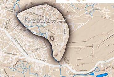 Mapa 68. Krzesławice. Orientacyjna lokalizacja dawnej wsi Krzesławice w obecnych granicach Krakowa – na planie miasta oznaczono jej położenie w kształcie wyznaczonym granicami jednostki katastralnej, jaką stanowiła, ze wskazaniem najstarszego, historycznego centrum Krzesławic w rejonie dzisiejszej ulicy Wańkowicza.