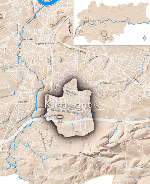 Mapa 70. Kurdwanów. Orientacyjna lokalizacja dawnej wsi Kurdwanów w obecnych granicach Krakowa – na planie miasta oznaczono jej położenie w kształcie wyznaczonym granicami jednostki katastralnej, jaką stanowiła, ze wskazaniem najstarszego, historycznego centrum Kurdwanowa w rejonie dzisiejszej ulicy Cechowej.