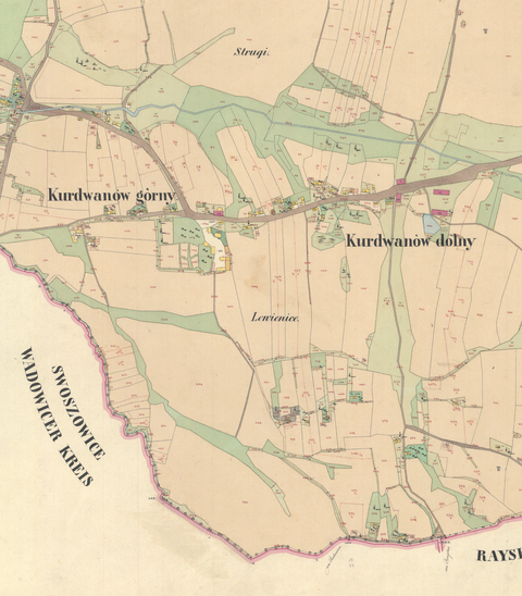 Mapa 71. Kurdwanów. Fragment centrum Kurdwanowa na mapie katastralnej sporządzonej dla gminy katastralnej Kurdwanów w 1847 roku oraz wykonany w 1847 roku plan sytuacyjny z wyrysowanymi granicami gminy Kurdwanów oraz lokalizacją gmin sąsiadujących (Archiwum Narodowe w Krakowie, sygn. K. Krak. 302 II; sygn. K. Krak. op. 76, s. 1).