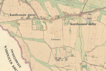 Mapa 71. Kurdwanów. Fragment centrum Kurdwanowa na mapie katastralnej sporządzonej dla gminy katastralnej Kurdwanów w 1847 roku oraz wykonany w 1847 roku plan sytuacyjny z wyrysowanymi granicami gminy Kurdwanów oraz lokalizacją gmin sąsiadujących (Archiwum Narodowe w Krakowie, sygn. K. Krak. 302 II; sygn. K. Krak. op. 76, s. 1).