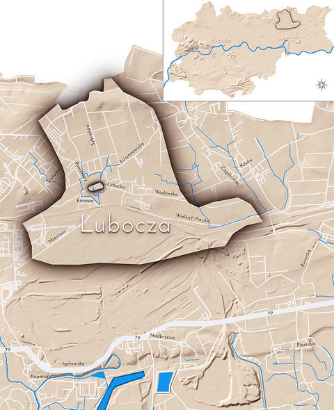 Mapa 72. Lubocza. Orientacyjna lokalizacja dawnej wsi Lubocza w obecnych granicach Krakowa – na planie miasta oznaczono jej położenie w kształcie wyznaczonym granicami jednostki katastralnej, jaką stanowiła, ze wskazaniem najstarszego, historycznego centrum Luboczy w rejonie dzisiejszej ulicy Lubockiej.