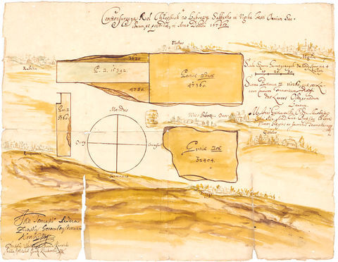 Mapa 74. Lubocza. Mapa gruntów wsi Lubocza sporządzona przez Jana Gostumiowskiego w październiku 1676 roku (Archiwum Klasztoru Sióstr Norbertanek w Krakowie, sygn. XXIVc/1).