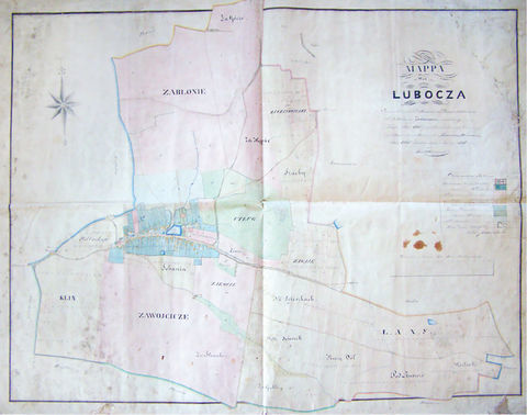 Mapa 75. Lubocza. Z oryginalnego opisu: Mapa wsi Lubocza Przewielebnych PP. kanoniczek Premonstrateńskich S. Norberta na Zwierzyńcu dziedzicznej zdjęta w roku 1821 przez Wincentego Jarockiego geometrę przysięgłego, a po urządzeniu na wieczność przez komisję włościańską w roku 1835 oddelienowaną podług tego 1850 roku Karol Bełcikowski geometra przysięgły (Archiwum Klasztoru Sióstr Norbertanek w Krakowie, sygn. XXIVc/2).