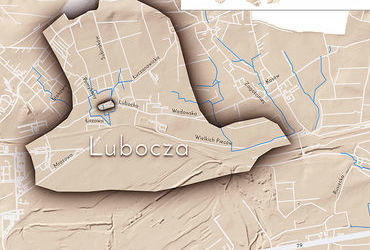 Mapa 72. Lubocza. Orientacyjna lokalizacja dawnej wsi Lubocza w obecnych granicach Krakowa – na planie miasta oznaczono jej położenie w kształcie wyznaczonym granicami jednostki katastralnej, jaką stanowiła, ze wskazaniem najstarszego, historycznego centrum Luboczy w rejonie dzisiejszej ulicy Lubockiej.