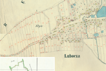 Mapa 73. Lubocza. Centrum Luboczy na mapie katastralnej sporządzonej dla gminy katastralnej Lubocza w 1850 roku oraz pochodzący z lat 1847–1848 plan sytuacyjny z wyrysowanymi granicami tej gminy i lokalizacją gmin sąsiadujących (Archiwum Narodowe w Krakowie, sygn. K. Krak. 321; sygn. WM 562, nlb.).