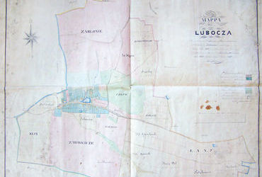 Mapa 75. Lubocza. Z oryginalnego opisu: Mapa wsi Lubocza Przewielebnych PP. kanoniczek Premonstrateńskich S. Norberta na Zwierzyńcu dziedzicznej zdjęta w roku 1821 przez Wincentego Jarockiego geometrę przysięgłego, a po urządzeniu na wieczność przez komisję włościańską w roku 1835 oddelienowaną podług tego 1850 roku Karol Bełcikowski geometra przysięgły (Archiwum Klasztoru Sióstr Norbertanek w Krakowie, sygn. XXIVc/2).