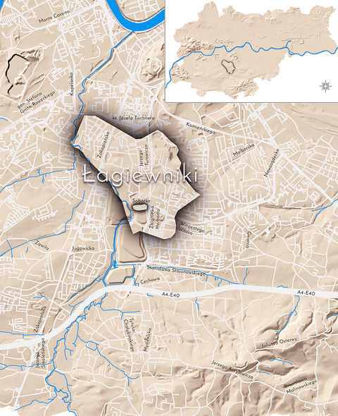 Mapa 76. Łagiewniki. Orientacyjna lokalizacja dawnej wsi Łagiewniki w obecnych granicach Krakowa – na planie miasta oznaczono jej położenie w kształcie wyznaczonym granicami jednostki katastralnej, jaką stanowiła, ze wskazaniem najstarszego, historycznego centrum Łagiewnik w rejonie dzisiejszych ulic Myślenickiej i Sobótka.