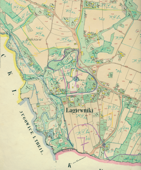 Mapa 77. Łagiewniki. Centrum Łagiewnik na mapie katastralnej sporządzonej dla gminy katastralnej Łagiewniki w 1848 roku oraz pochodzący z 1844 roku plan sytuacyjny z wyrysowanymi granicami gminy Łagiewniki oraz lokalizacją gmin sąsiadujących (Archiwum Narodowe w Krakowie, sygn. K. Krak. 336 IV; sygn. K. Krak. op. 83, s. 1).