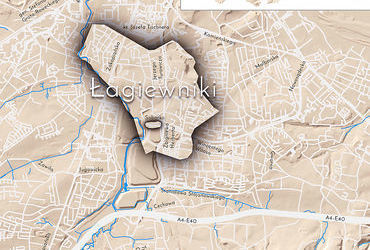 Mapa 76. Łagiewniki. Orientacyjna lokalizacja dawnej wsi Łagiewniki w obecnych granicach Krakowa – na planie miasta oznaczono jej położenie w kształcie wyznaczonym granicami jednostki katastralnej, jaką stanowiła, ze wskazaniem najstarszego, historycznego centrum Łagiewnik w rejonie dzisiejszych ulic Myślenickiej i Sobótka.