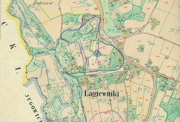 Mapa 77. Łagiewniki. Centrum Łagiewnik na mapie katastralnej sporządzonej dla gminy katastralnej Łagiewniki w 1848 roku oraz pochodzący z 1844 roku plan sytuacyjny z wyrysowanymi granicami gminy Łagiewniki oraz lokalizacją gmin sąsiadujących (Archiwum Narodowe w Krakowie, sygn. K. Krak. 336 IV; sygn. K. Krak. op. 83, s. 1).