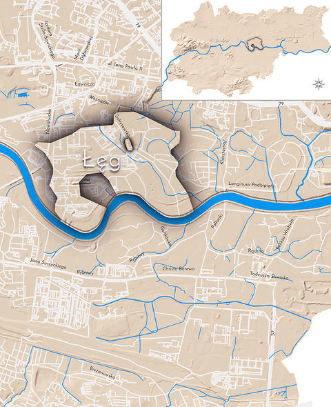 Mapa 78. Łęg. Orientacyjna lokalizacja dawnej wsi Łęg w obecnych granicach Krakowa – na planie miasta oznaczono jej położenie w kształcie wyznaczonym granicami jednostki katastralnej, jaką stanowiła, ze wskazaniem najstarszego, historycznego centrum Łęgu w rejonie dzisiejszej ulicy Sołtysowskiej.