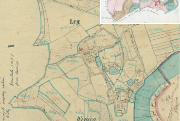 Mapa 79. Łęg. Fragment Łęgu na mapie katastralnej sporządzonej dla gminy katastralnej Łęg w 1850 roku oraz pochodzący z 1835 roku plan wsi Czyżyny i Łęg wraz z lokalizacją wsi sąsiadujących (Archiwum Narodowe w Krakowie, sygn. K. Krak. 128 IV; sygn. 29/200/137).